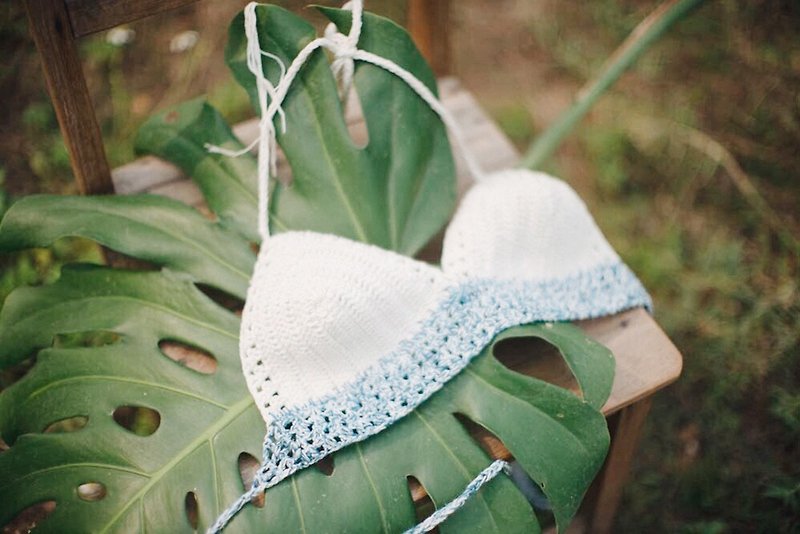 summer breeze~ cotton crochet bikini top | natural indigo dye - 女裝內衣/內褲 - 棉．麻 白色