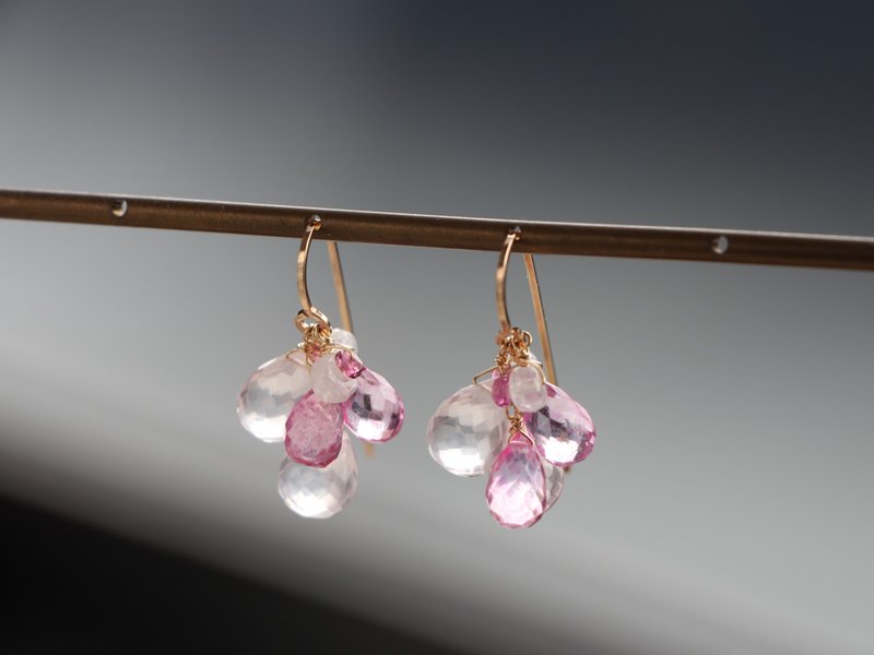 14kgf- pink drop chandelier pierced earrings - 耳環/耳夾/耳骨夾 - 寶石 粉紅色