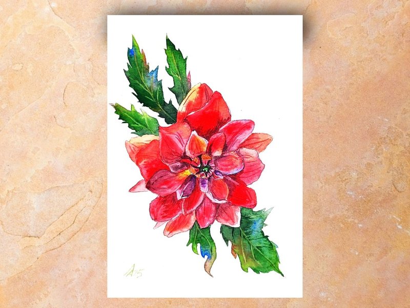 Red dahlia painting original watercolor art floral artwork 19.5 by 13.5 cm - 海報/掛畫/掛布 - 紙 紅色