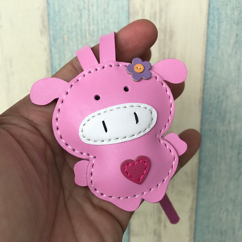 Healing small things pink cute piglet hand-sewn leather charm small size - พวงกุญแจ - หนังแท้ สึชมพู