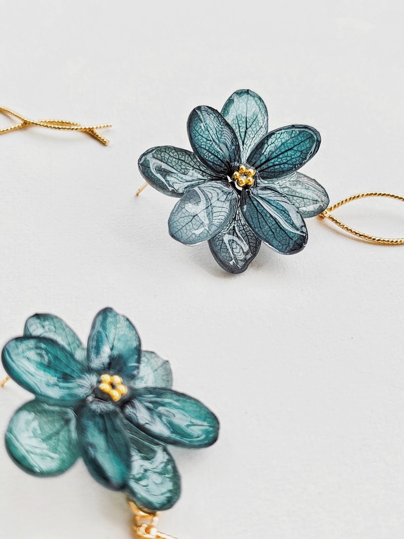 #EA148 青出于蓝 Turquoise hydrangea stud ear clips - Earrings & Clip-ons - Plants & Flowers Green