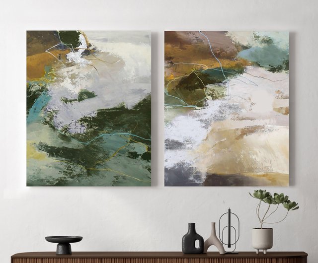緑の抽象画 | 2枚セット グリーン グレーブラウンの絵画 | グリーン