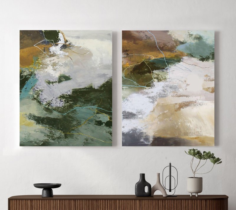 Green Abstract Painting | Set of 2 Painting Green Gray Brown | Green Glory set 2 - 壁貼/牆壁裝飾 - 棉．麻 綠色