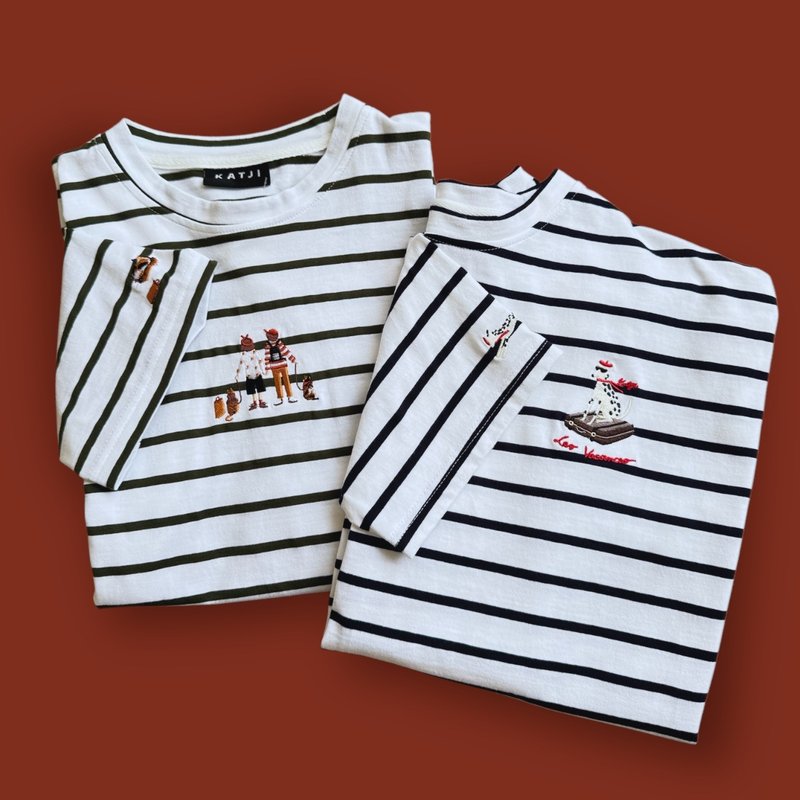 (男女皆可) 短袖彈性棉上衣 : Stripe Collection - 男 T 恤 - 繡線 藍色