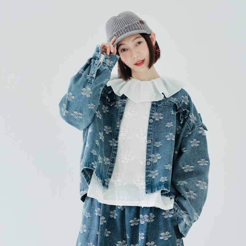 Blue Jacquard Crew Neck Denim Jacket / Denim Bow - เสื้อแจ็คเก็ต - ผ้าฝ้าย/ผ้าลินิน สีน้ำเงิน