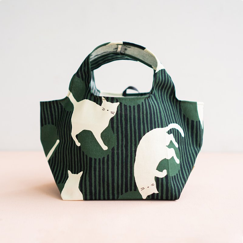 Christmas eco-friendly gift square bottom brunch bag psychedelic cat green - กระเป๋าถือ - ผ้าฝ้าย/ผ้าลินิน หลากหลายสี