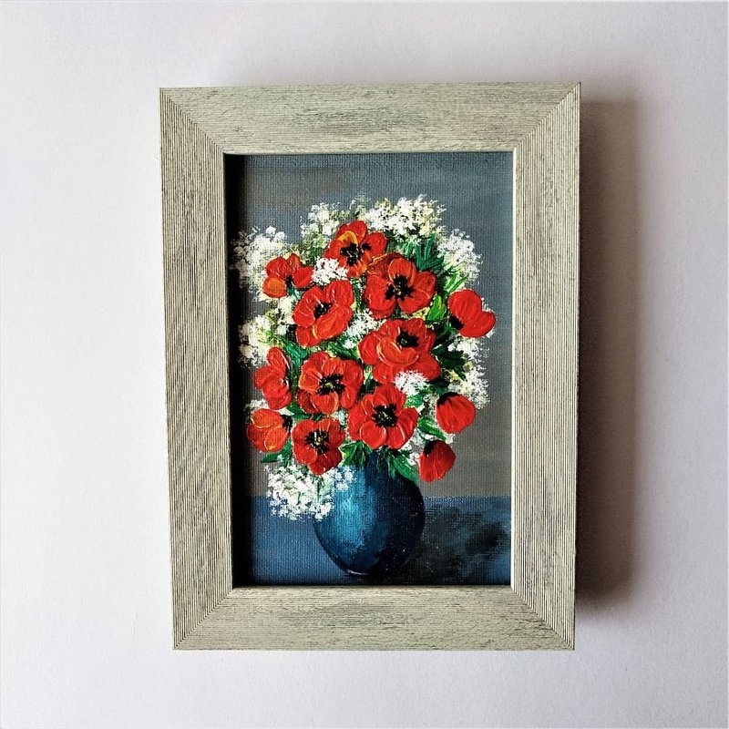 Poppy wall art Flower painting vase Small painting wildflowers in acrylic 掛畫 - ตกแต่งผนัง - อะคริลิค หลากหลายสี