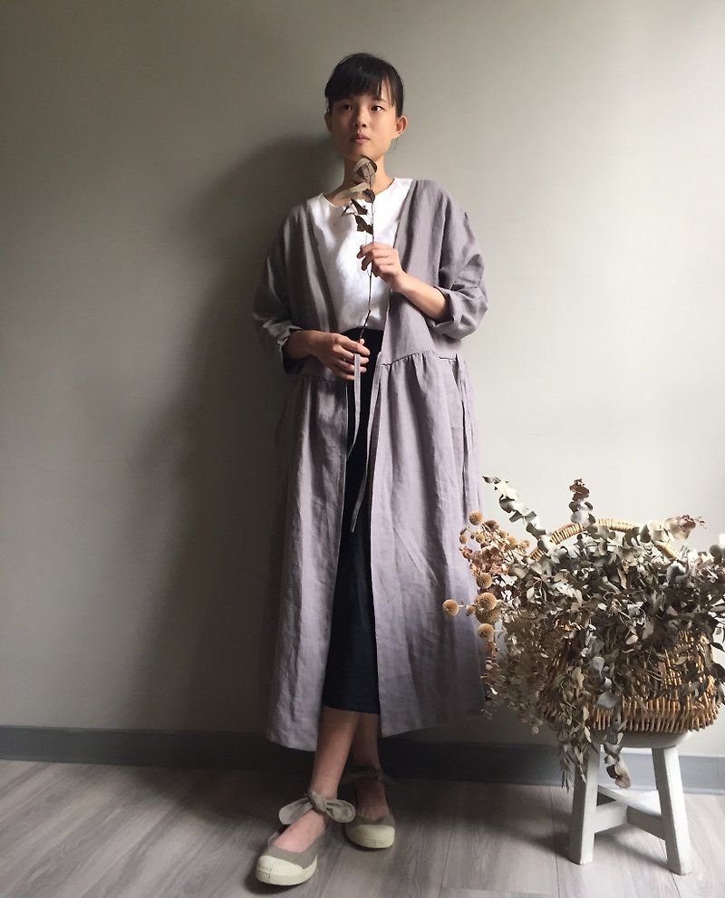 /畫中之森/ 灰色長袖交襟罩衫/洋裝  100%麻 - 連身裙 - 棉．麻 
