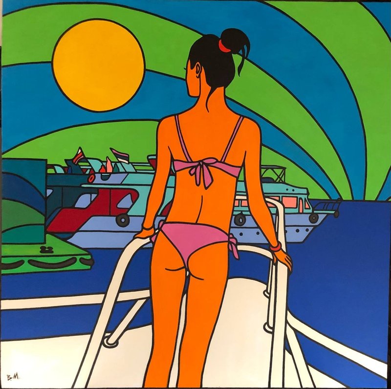 Girl on Yacht Pop Art Original Oil Painting Contemporary Art Home Decor Wall Art - 壁貼/牆壁裝飾 - 棉．麻 