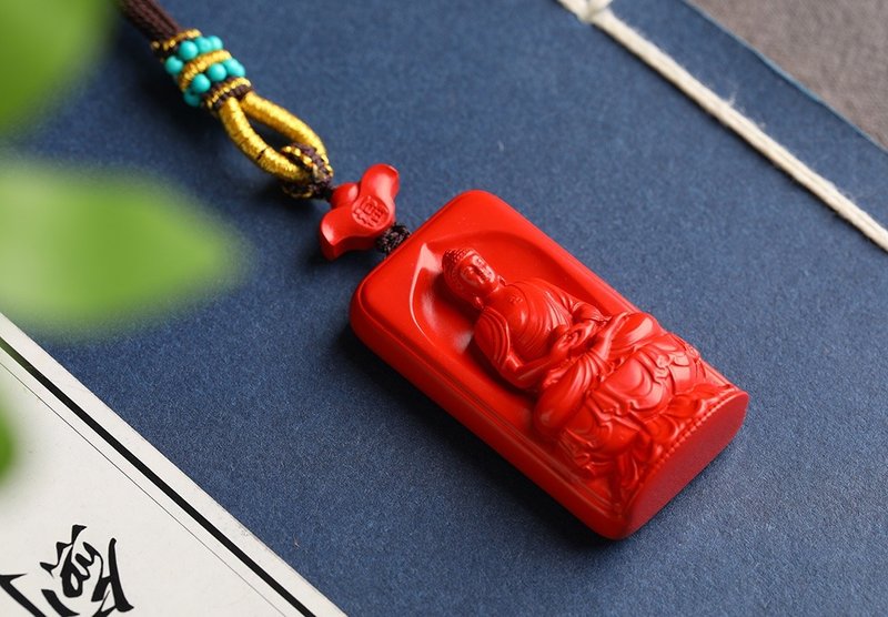 Natural cinnabar fine red sand Amitabha Buddha pendant fine original content up to 95% or more - สร้อยคอ - เครื่องเพชรพลอย 