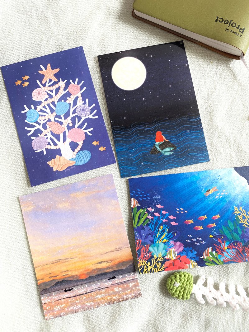 Illustration Postcard Set of 4 – Sea & Coast Theme+ Random Gift - 卡片/明信片 - 紙 藍色