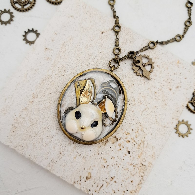 Alice in Wonderland x Vintage Long Necklace - White Rabbit - Long Necklaces - Other Metals White