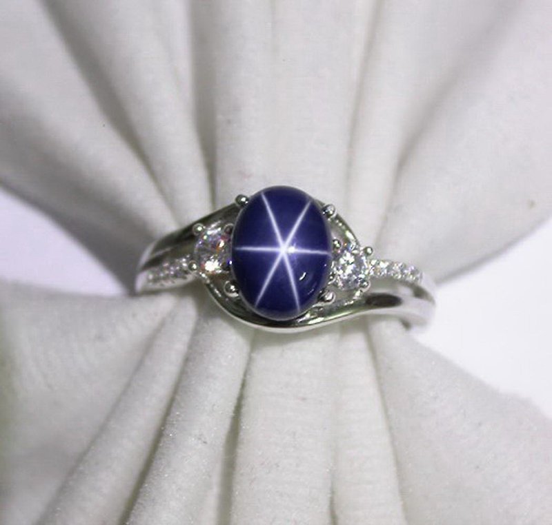 3.35 ct Natural star blue sapphier ring silver sterling size 7.0 free resize - 戒指 - 純銀 藍色