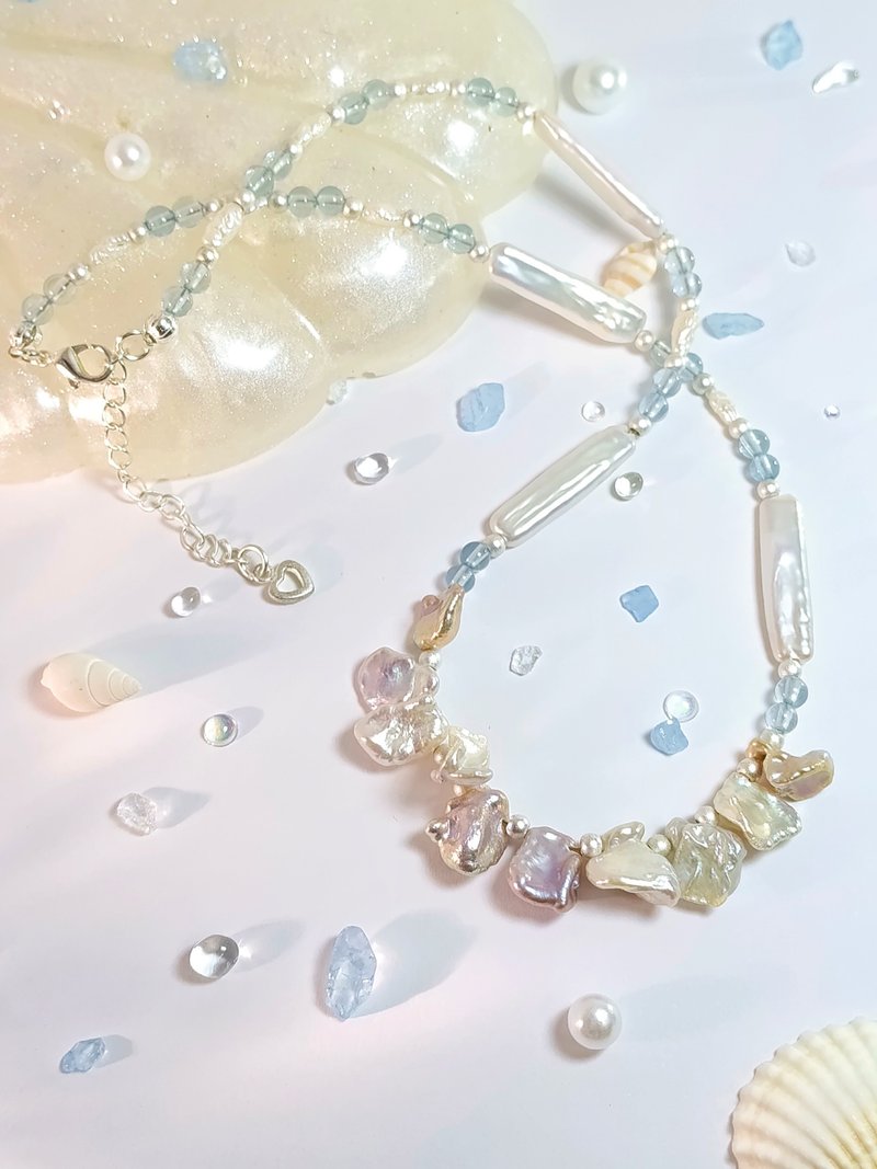 【YUE】潮光花誓 炫光大花瓣珍珠×棒形珍珠×異形珍珠×海藍寶 - 項鍊 - 珍珠 藍色