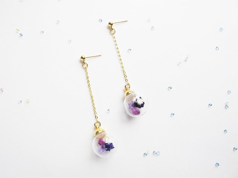 Rosy Garden 活潑紫色系小雛菊乾燥花水晶玻璃球耳環 可換耳夾式 - 耳環/耳夾 - 玻璃 紫色