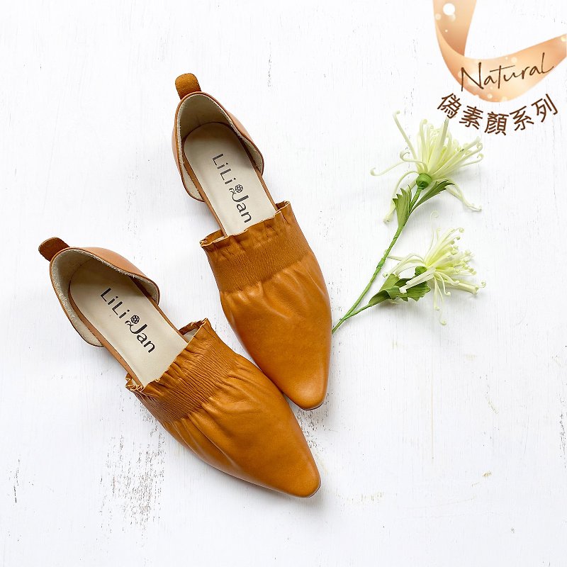 [Secret Trail] Aniline dyed leather wrinkled pointed sandals _ caramel apple (24.5) - รองเท้ารัดส้น - หนังแท้ สีส้ม