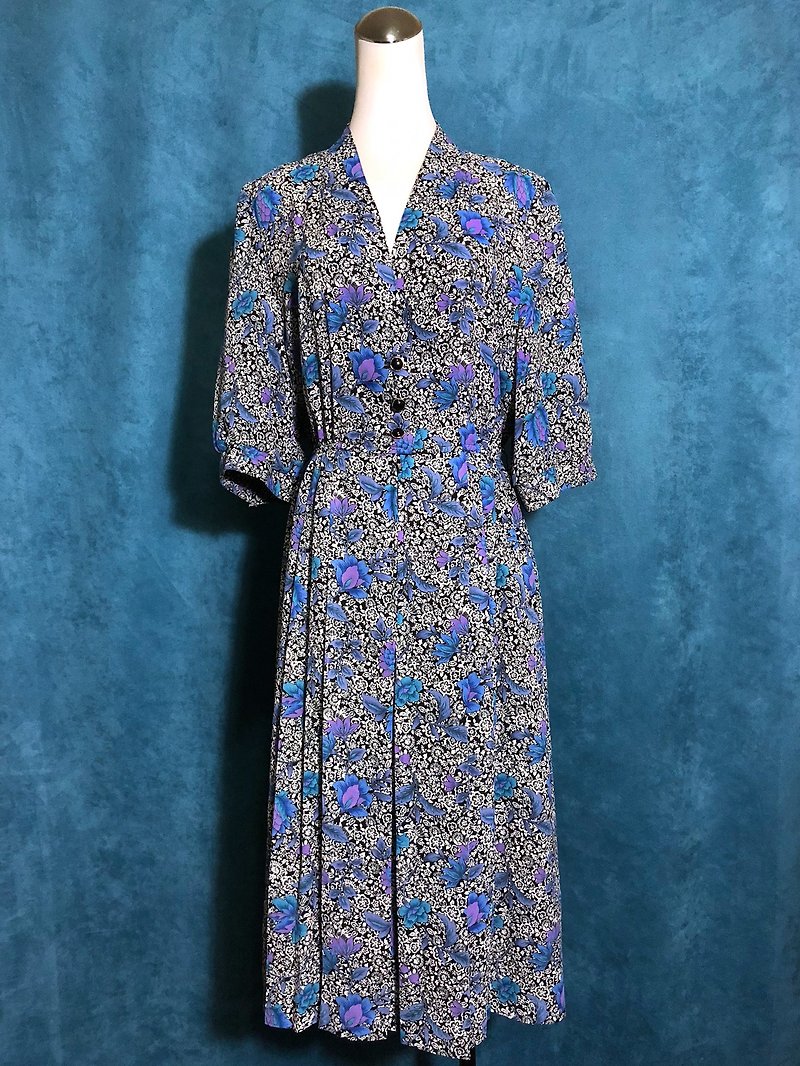 Ping pong ancient [ancient dress / blue and purple complex flowers seven-point sleeve ancient dress] foreign bring back VINTAGE - One Piece Dresses - Polyester Multicolor