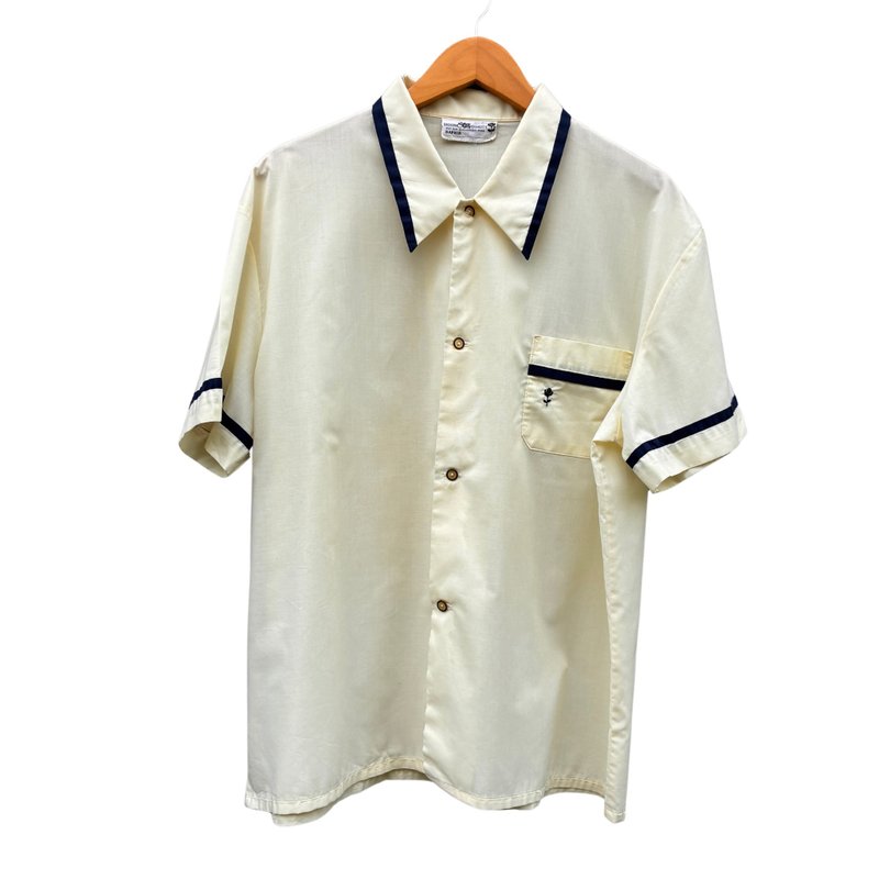 Vintage 70s Saphir German Bowling Shirt Diolen Star Quality Black Rose Embroider - 男襯衫/休閒襯衫 - 棉．麻 黃色
