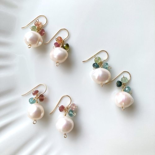 14kgf 淡水パールとトルマリンのピアス / イヤリング / 一点もの