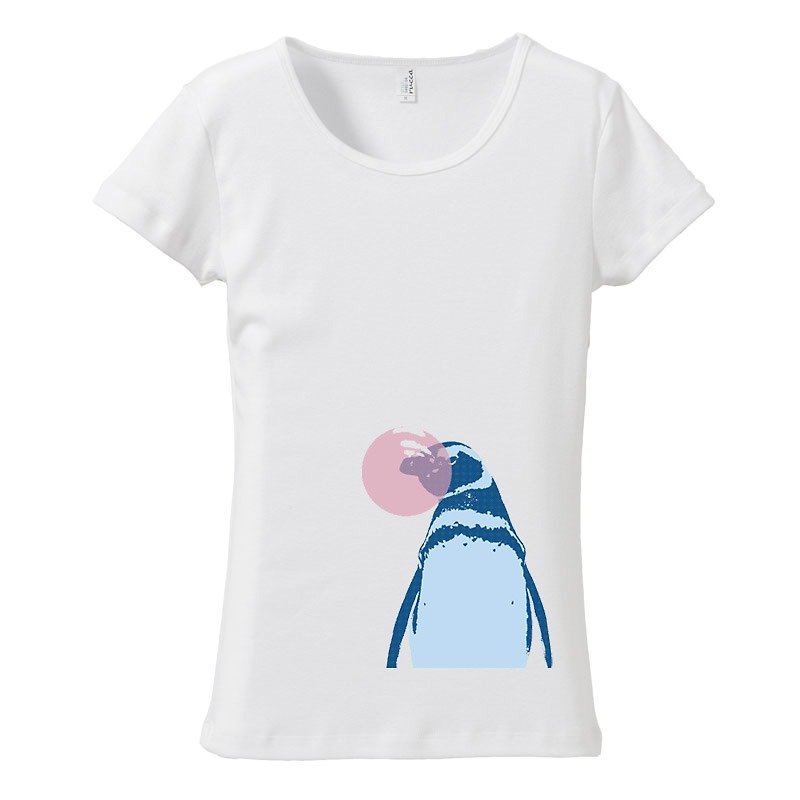 [Women's T-shirt] Bubble gum / Penguins - Women's T-Shirts - Cotton & Hemp White