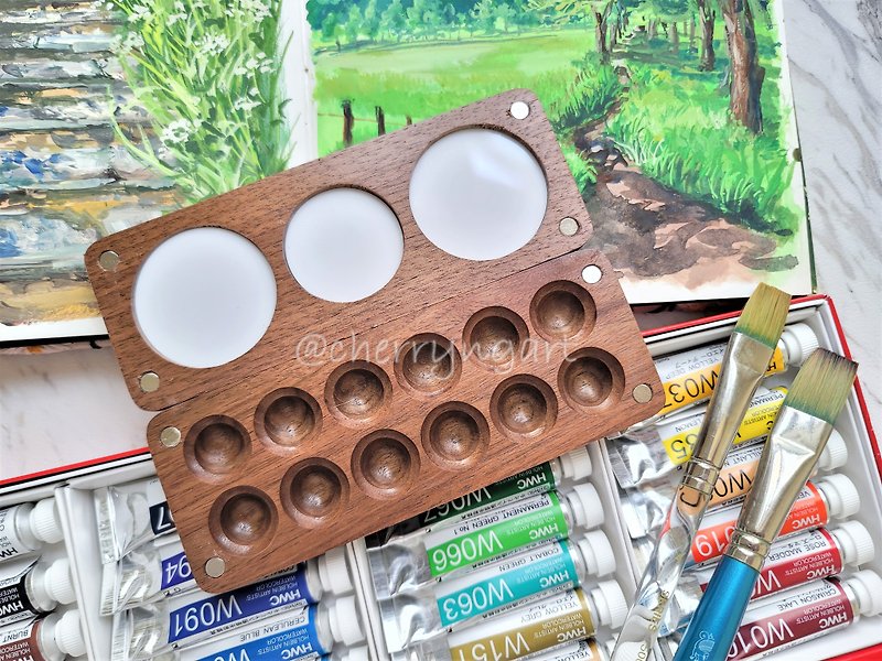 Wooden watercolor palette 12 wells, portable wooden palette, tiny palette - วาดภาพ/ศิลปะการเขียน - ไม้ สีนำ้ตาล