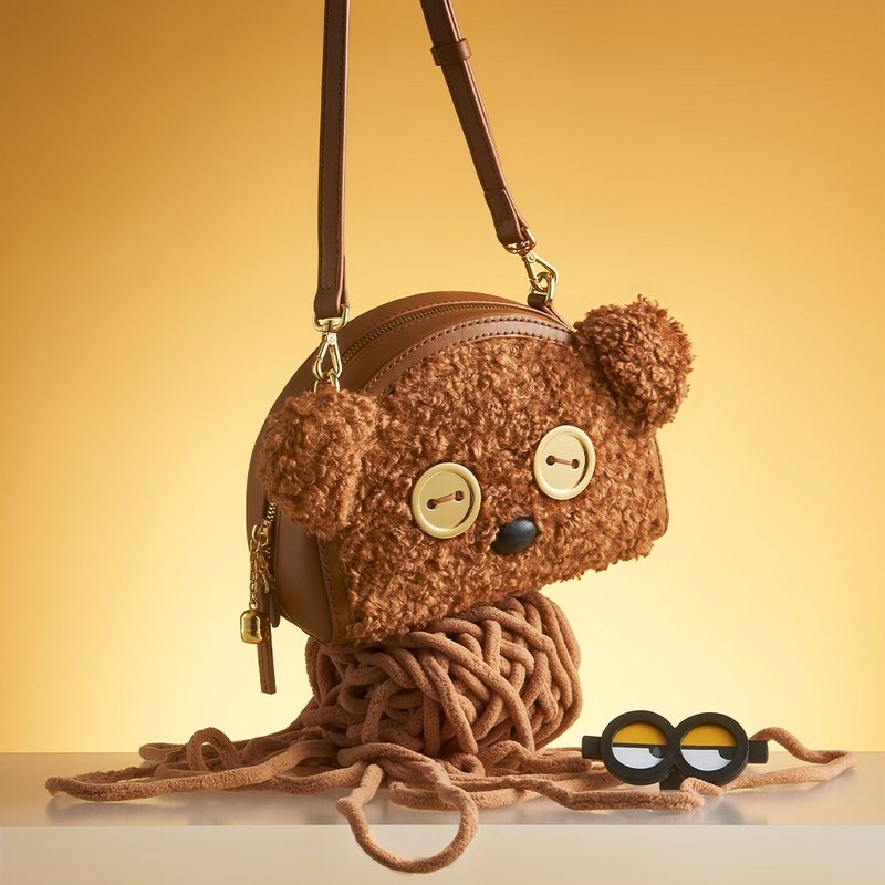 【Free Gift Event】Minions Tim Fur with Leather Crossbody and Shoulder Bag - Messenger Bags & Sling Bags - Genuine Leather Brown