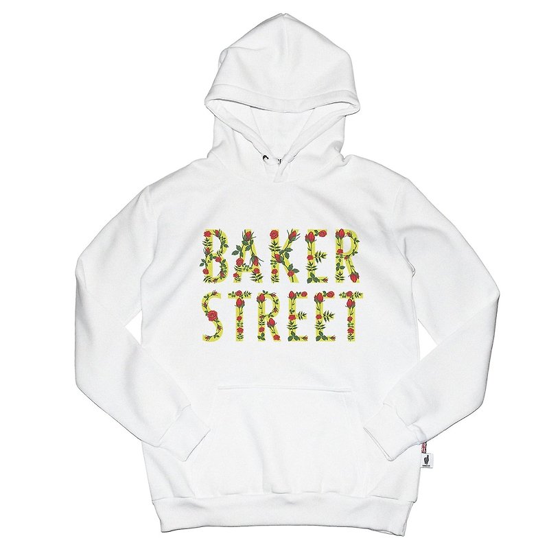 British Fashion Brand -Baker Street- Floral Letters Printed Hoodie - เสื้อฮู้ด - ผ้าฝ้าย/ผ้าลินิน ขาว