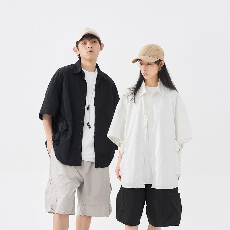 TopBasics 日系雙側面大口袋寬鬆襯衫 - 男裝 恤衫 - 聚酯纖維 白色