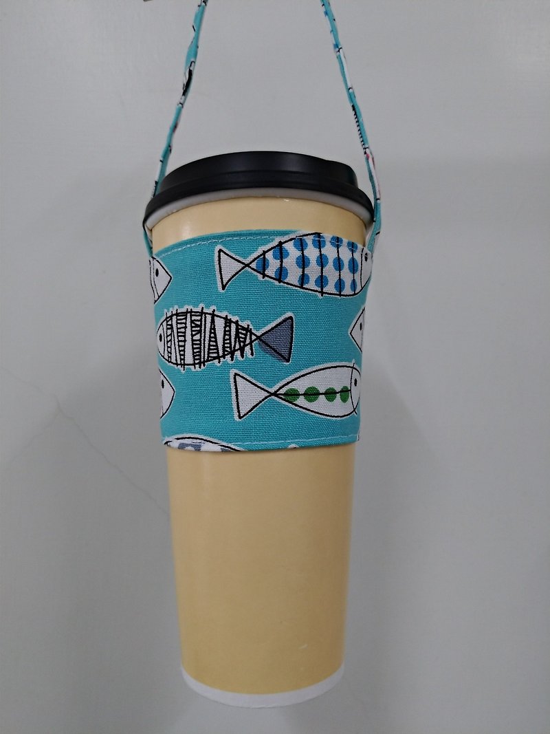 飲料杯套 環保杯套 手搖飲料袋 咖啡袋 手提袋-魚兒魚兒(藍) - 杯袋/飲料提袋 - 棉．麻 