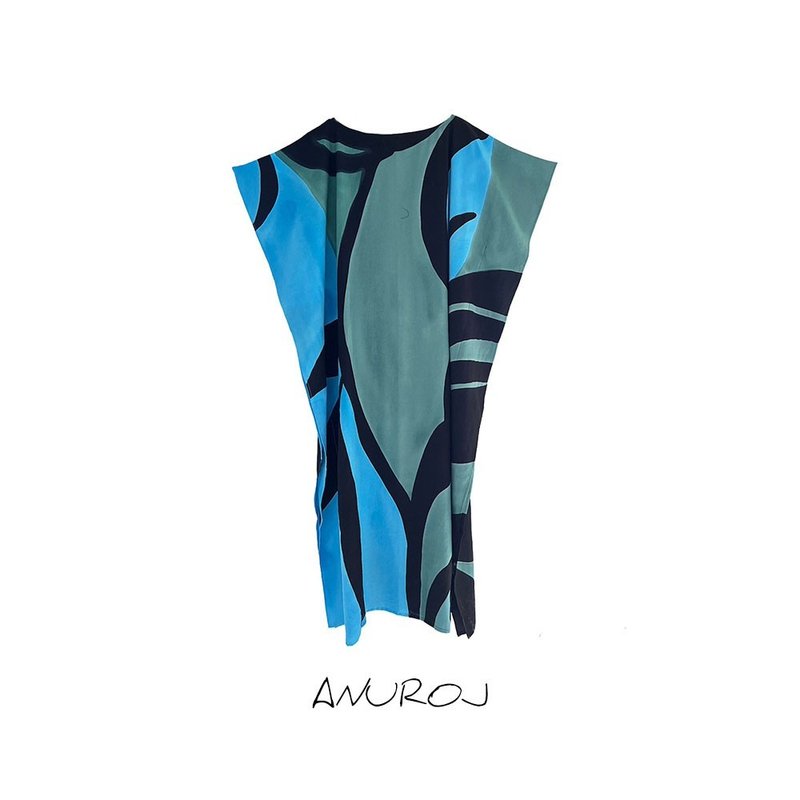 Hand Painted Cotton Silk Kaftan for Summer Resort Vacation Free Size - 洋裝/連身裙 - 棉．麻 藍色