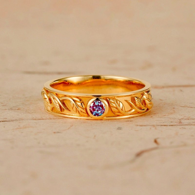 Men's Alexandrite Leaf Band | 14k Gold Ring | Green Gemstone - 對戒 - 純銀 綠色