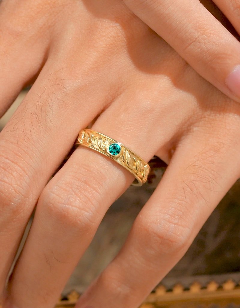 Men's Alexandrite Leaf Band | 14k Gold Ring | Green Gemstone - 對戒 - 純銀 綠色