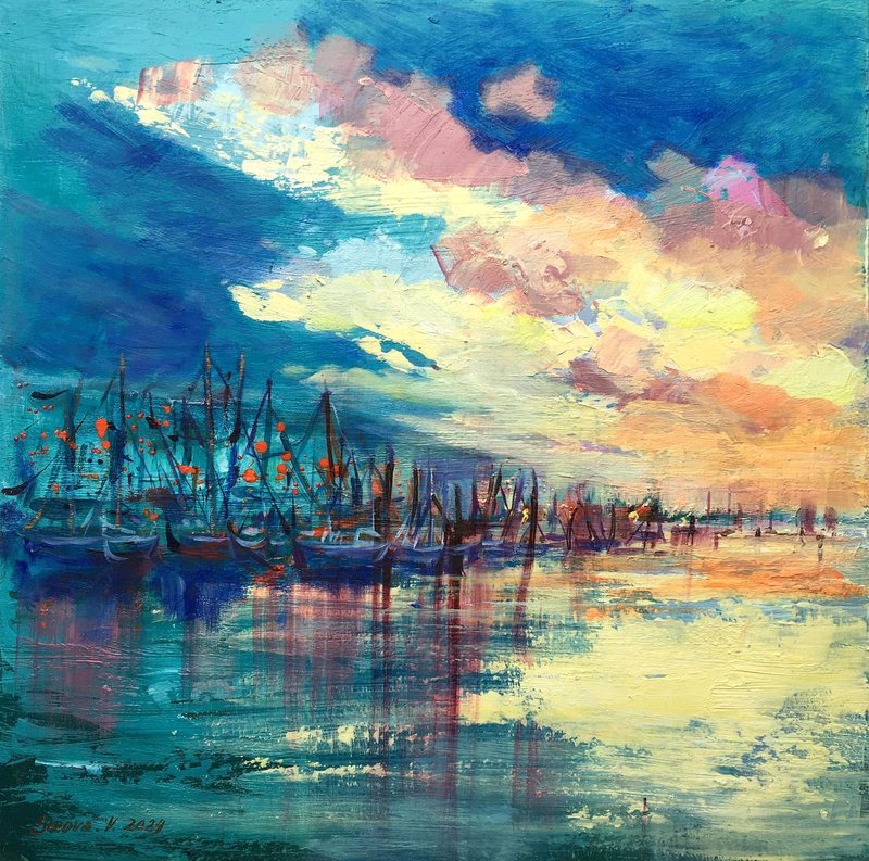 Original Painting blue Original Art Landscape Seascape sailboats wall decor - 壁貼/牆壁裝飾 - 其他材質 藍色