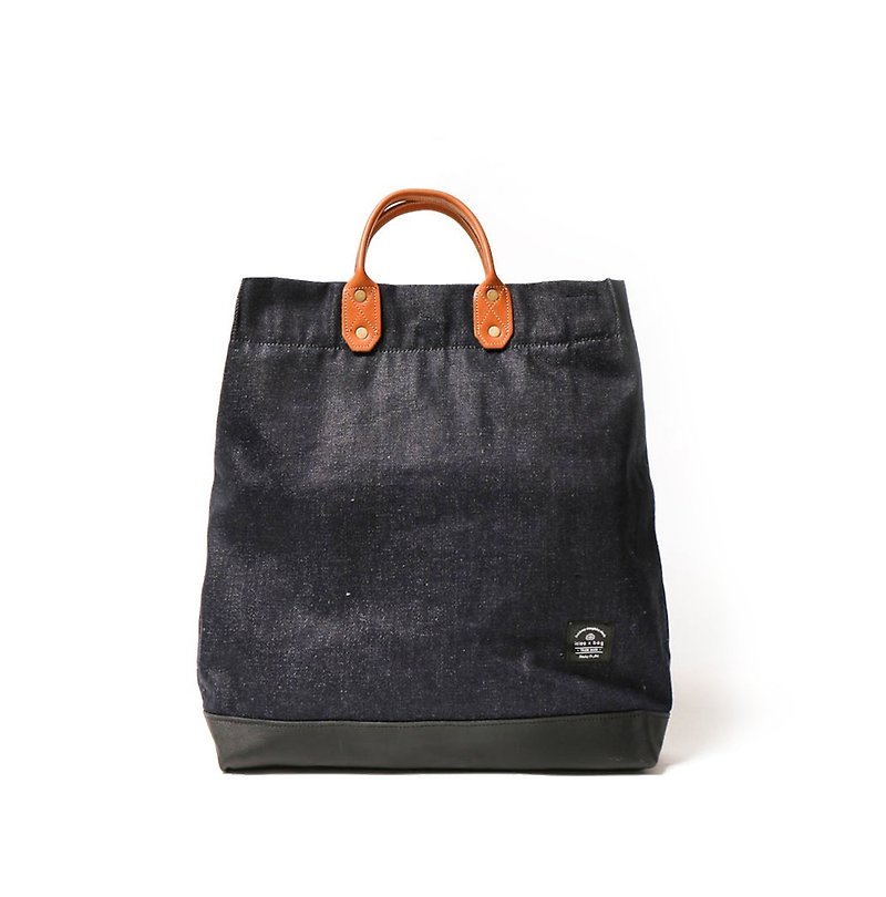 Second generation simple L leather canvas shopping bag portable with straps tannin blue - กระเป๋าแมสเซนเจอร์ - ผ้าฝ้าย/ผ้าลินิน ขาว