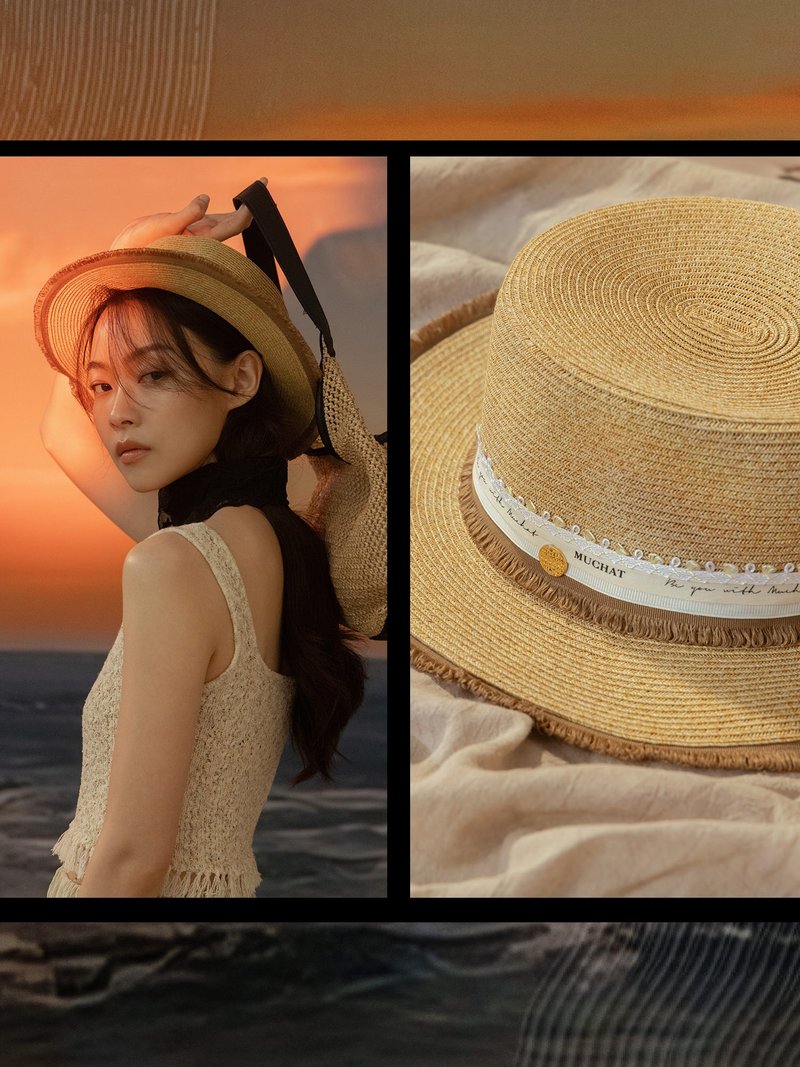 Dive under the sea and explore. MUCHAT handmade MU logo ribbon lace flat top straw hat - หมวก - เส้นใยสังเคราะห์ สีกากี