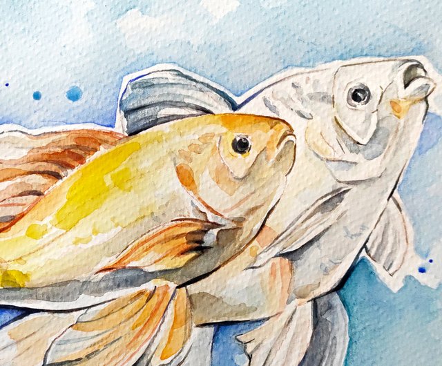 絵画　油絵　原画　一点物　金魚　水色　アート　インテリア　M8 金魚 メタリック 水彩原画 イラスト ギフト 絵画 Annie