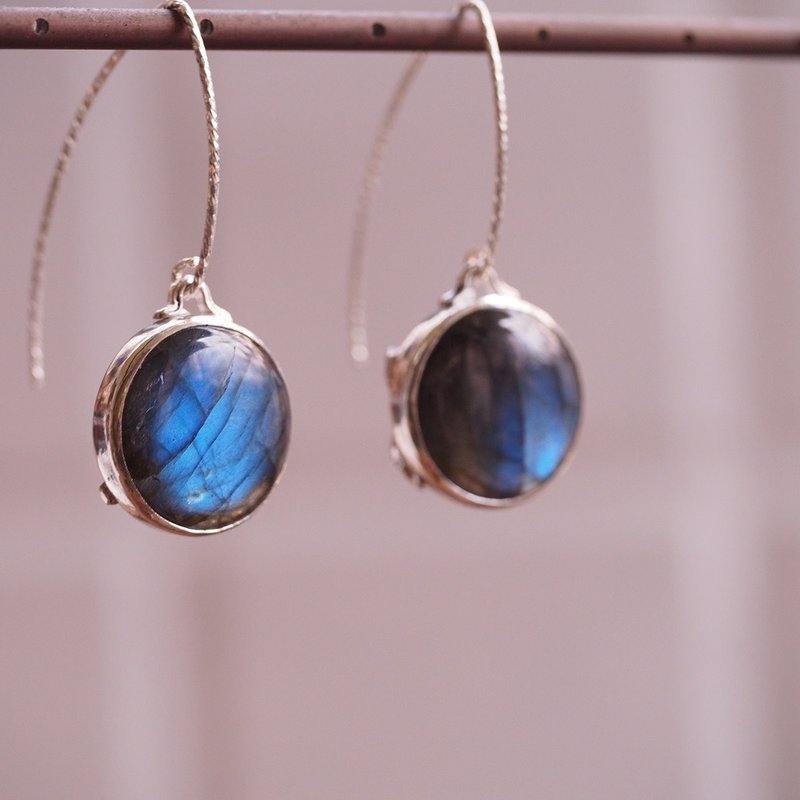 拉長石 圓形 大顆 15mm 藍光 純銀 耳環 Labradorite earrings - 耳環/耳夾/耳骨夾 - 半寶石 藍色
