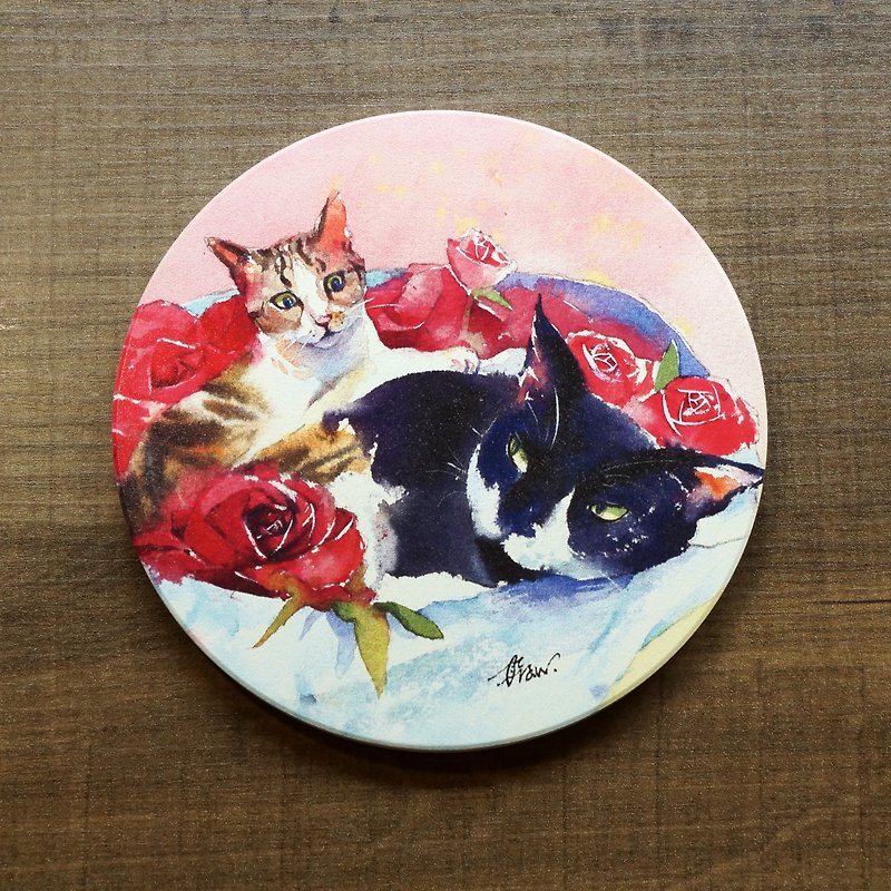 Ceramic Water Cup Coaster - Rose Cat Love - Coasters - Pottery Pink