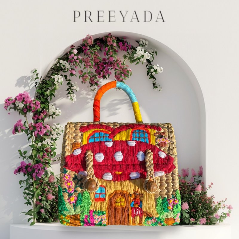Water hyacinth bag embroidered with red mushroom house pattern - 手提包/手提袋 - 繡線 
