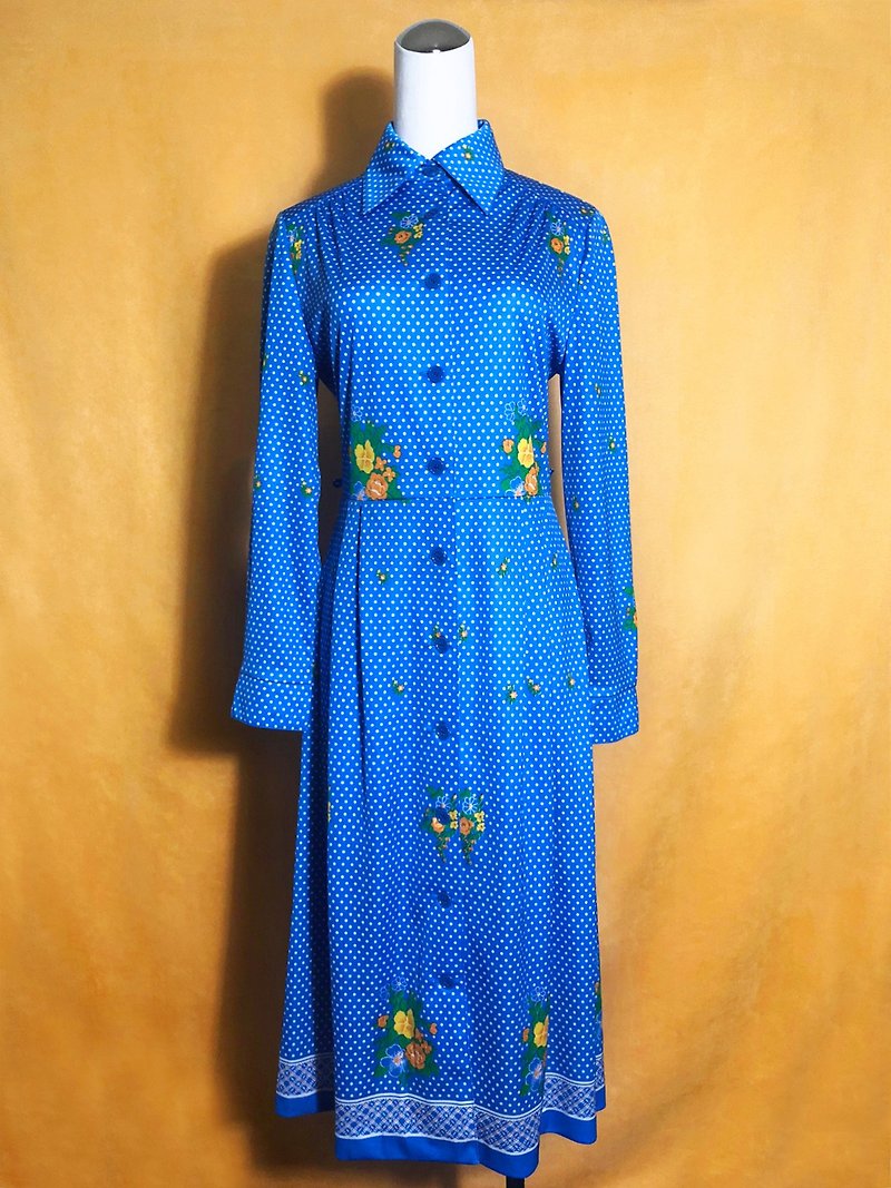 Retro little flowers, long-sleeved vintage dress / bring back VINTAGE abroad - One Piece Dresses - Polyester Blue