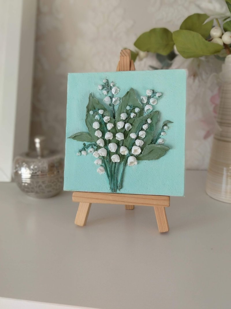 母亲节礼物 Mother's Day gift Small canvas painting of Lilies of the valley on easel - 擺飾/家飾品 - 其他材質 藍色