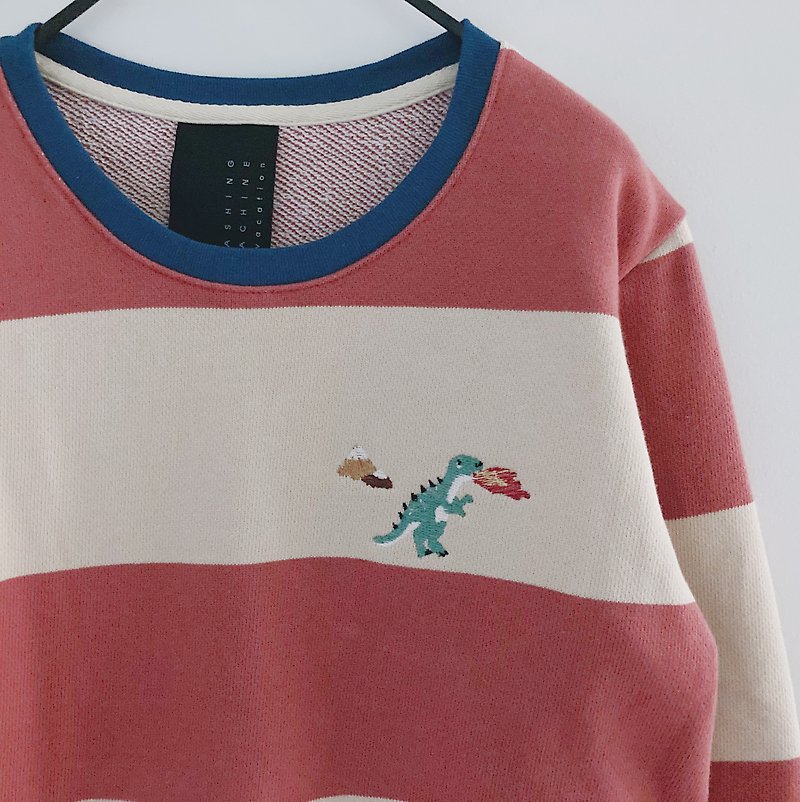 Dinosaur T-Rex / Embroidery // Stripes Sweater【雙 11 限定】 - Women's Sweaters - Cotton & Hemp Red