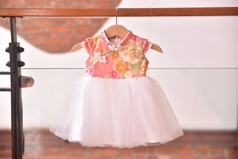 Angel Nina custom Chinese style cheongsam dress pink peony flower girl birthday concert party - Other - Cotton & Hemp Blue