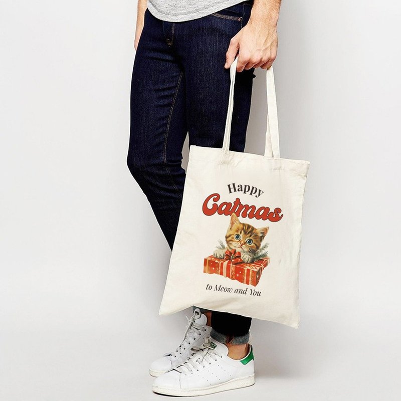 Happy Catmas 帆布環保購物袋 米白 聖誕交換禮物貓咪快速出貨 - 手袋/手提包 - 其他材質 白色