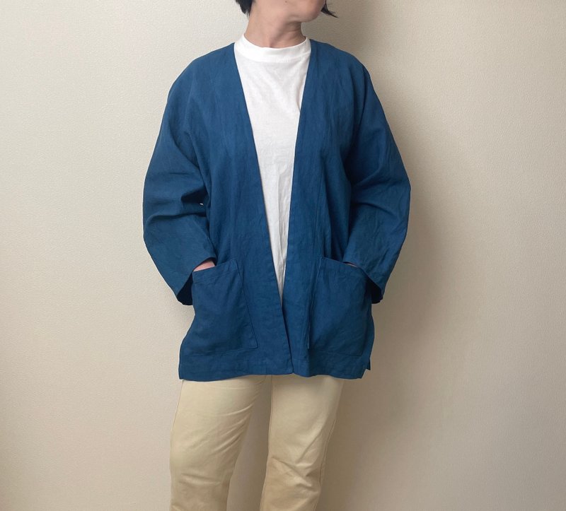 日本製 手染め プリペラ織キャンバス 藍染羽織り 訳あり品 good simple  Haori  aizome japanblue - 帽T/大學T - 棉．麻 藍色