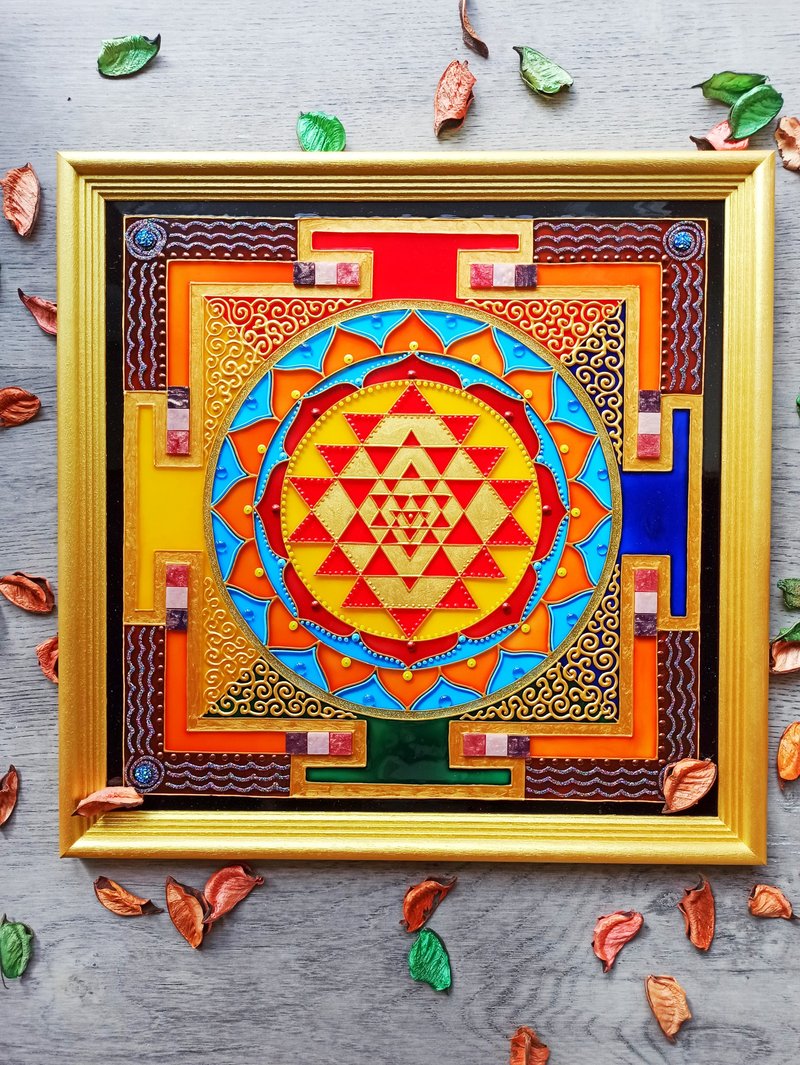 斯里兰卡Yantra吠陀占星术Jyotish金曼陀罗艺术Vastu yantra骶骨 - 壁貼/牆壁裝飾 - 玻璃 金色