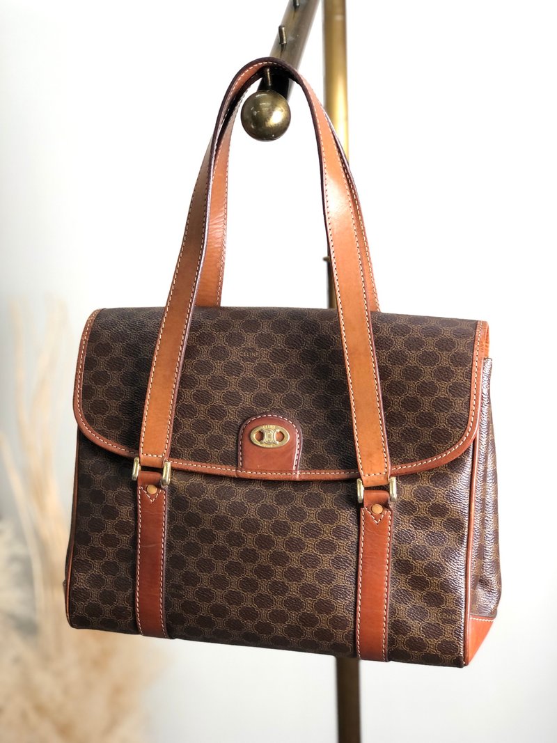 [Direct from Japan, branded used bag] CELINE Macadam handbag , Brown blazer, PVC leather, vintage dty8ce - กระเป๋าถือ - วัสดุกันนำ้ สีนำ้ตาล