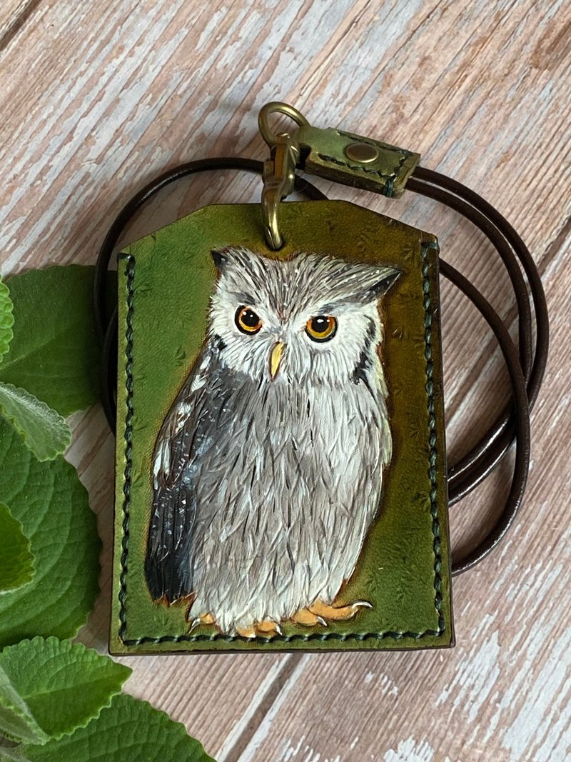 Leather carving/owl/card holder+lanyard [customized] - ที่ใส่บัตรคล้องคอ - หนังแท้ 