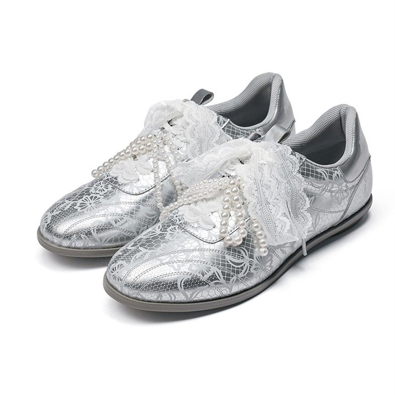 Autumn Moon Snow Matt Silver Lace Print Sports Casual Shoes Genuine Leather Shoes 35-39 - รองเท้าวิ่งผู้หญิง - หนังแท้ สีเงิน