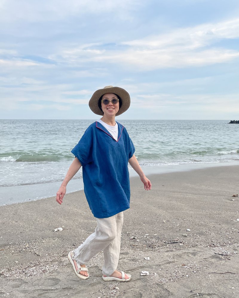 日本製 訳有 藍染フレンチリネンのプルオーバーシャツ　染めムラあります Linen  Poncho Dress JAPANBLUE Aizome - 禮服/小禮服 - 棉．麻 藍色